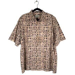 Island Shores Men Size XL Shirt Cotton Tan Abstract Checkered Print Short Sleeve